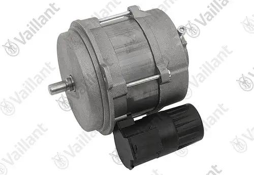 Vailant Elektromotor mit einem runden Gehäuse und seitlichem Anschluss. Das Produkt besteht aus Metall und ist für verschiedene Anwendungen in Heizsystemen konzipiert.